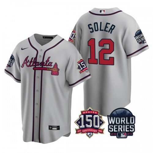 Atlanta Atlanta Braves #12 Jorge Soler Men’s Nike 150th Anniversary 2021 World Series Game MLB Jersey – Grey Men’s->atlanta braves->MLB Jersey
