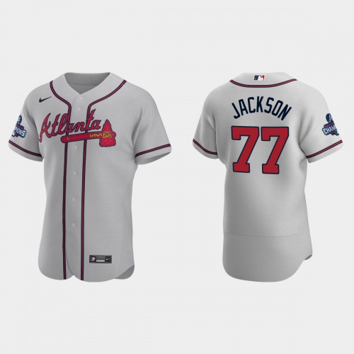 Atlanta Atlanta Braves #77 Luke Jackson Men’s Nike 2021 World Series Champions Patch MLB Authentic Player Jersey – Gray Men’s->atlanta braves->MLB Jersey