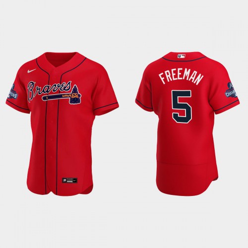 Atlanta Atlanta Braves #5 Freddie Freeman Men’s Nike 2021 World Series Champions Patch MLB Authentic Player Jersey – Red Men’s->atlanta braves->MLB Jersey