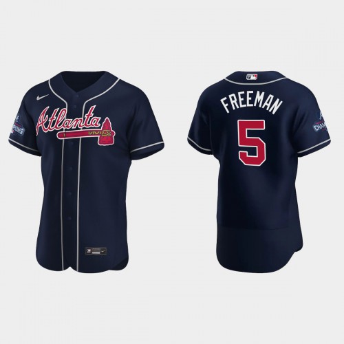 Atlanta Atlanta Braves #5 Freddie Freeman Men’s Nike 2021 World Series Champions Patch MLB Authentic Player Jersey – Navy Men’s->atlanta braves->MLB Jersey