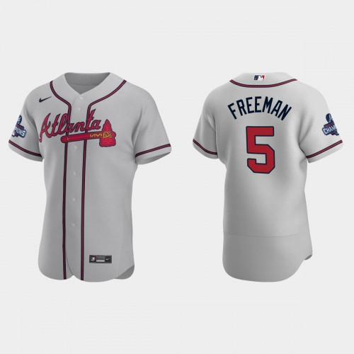 Atlanta Atlanta Braves #5 Freddie Freeman Men’s Nike 2021 World Series Champions Patch MLB Authentic Player Jersey – Gray Men’s->atlanta braves->MLB Jersey