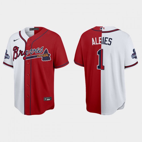 Atlanta Atlanta Braves #1 Ozzie Albies Men’s Nike 2021 World Series Champions Split Red White MLB Stitched Jersey Men’s->youth mlb jersey->Youth Jersey
