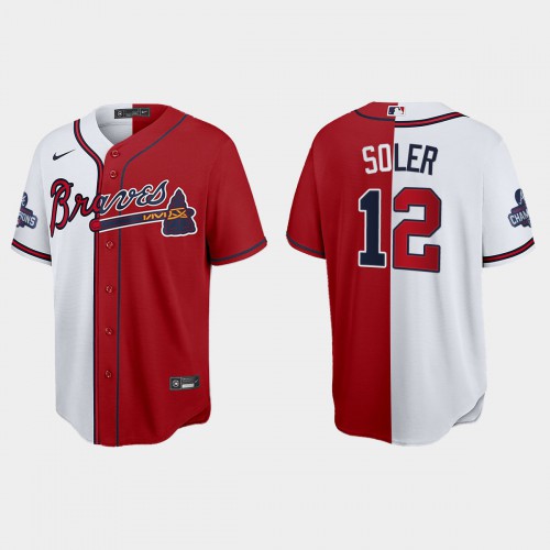 Atlanta Atlanta Braves #12 Jorge Soler Men’s Nike 2021 World Series Champions Split Red White MLB Stitched Jersey Men’s->atlanta braves->MLB Jersey