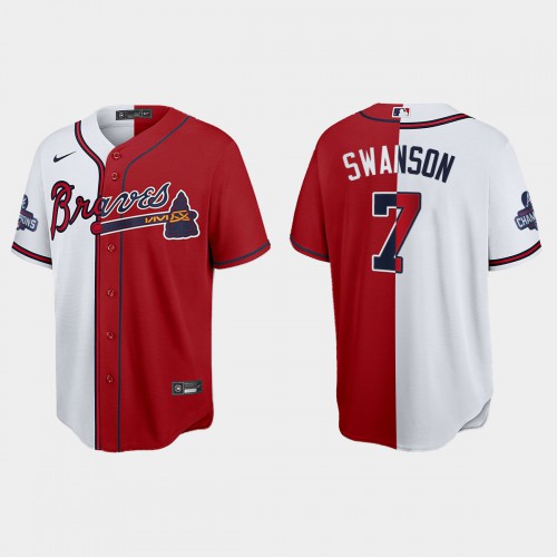 Atlanta Atlanta Braves #7 Dansby Swanson Men’s Nike 2021 World Series Champions Split Red White MLB Stitched Jersey Men’s->atlanta braves->MLB Jersey