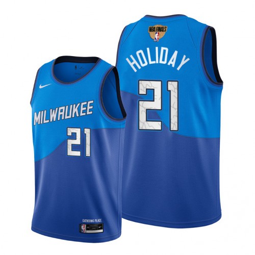 Nike Milwaukee Bucks #21 Jrue Holiday Men’s 2021 NBA Finals Bound City Edition Jersey Blue Men’s->women nba jersey->Women Jersey