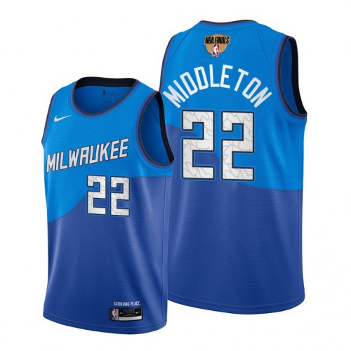 Nike Milwaukee Bucks #22 Khris Middleton Men’s 2021 NBA Finals Bound City Edition Jersey Blue Men’s->youth nba jersey->Youth Jersey