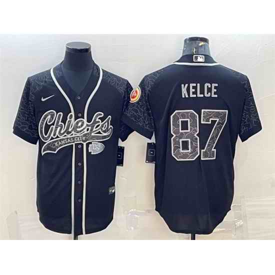 Men Kansas City Chiefs #87 Travis Kelce Black Reflective With Patch Cool Base Stitched Baseball Jersey