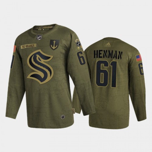 Seattle Seattle Kraken #61 Luke Henman Men’s Adidas Veterans Day 2022 Military Appreciation NHL Jersey – Olive Men’s->seattle kraken->NHL Jersey