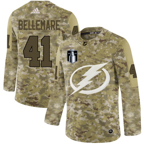 Adidas Tampa Bay Lightning #41 Pierre-Edouard Bellemare Camo 2022 Stanley Cup Final Patch Authentic Stitched NHL Jersey Men’s->youth nhl jersey->Youth Jersey