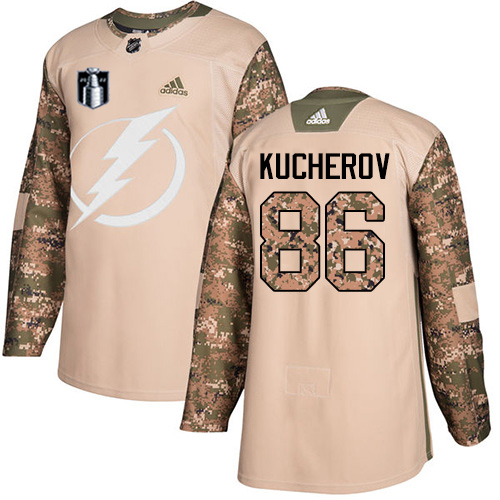 Adidas Tampa Bay Lightning #86 Nikita Kucherov Camo Authentic 2022 Stanley Cup Final Patch Veterans Day Stitched NHL Jersey Men’s->tampa bay lightning->NHL Jersey