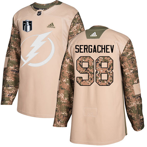 Adidas Tampa Bay Lightning #98 Mikhail Sergachev Camo Authentic 2022 Stanley Cup Final Patch Veterans Day Stitched NHL Jersey Men’s->tampa bay lightning->NHL Jersey