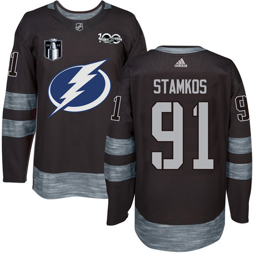 Adidas Tampa Bay Lightning #91 Steven Stamkos Black 2022 Stanley Cup Final Patch 100th Anniversary Stitched NHL Jersey Men’s->tampa bay lightning->NHL Jersey