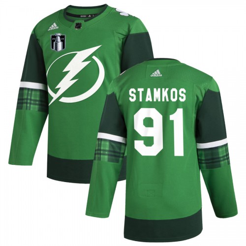 Tampa Bay Tampa Bay Lightning #91 Steven Stamkos Men’s Adidas 2022 Stanley Cup Final Patch St. Patrick’s Day Stitched NHL Jersey Green Men’s->tampa bay lightning->NHL Jersey
