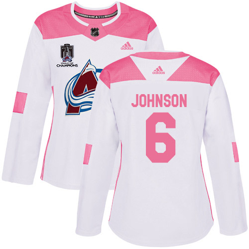 Adidas Colorado Avalanche #6 Erik Johnson White/Pink 2022 Stanley Cup Champions Authentic Fashion Women’s Stitched NHL Jersey Womens->youth nhl jersey->Youth Jersey