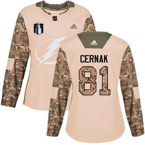 Adidas Tampa Bay Lightning #81 Erik Cernak Camo Authentic 2022 Stanley Cup Final Patch Women’s Veterans Day Stitched NHL Jersey Womens->youth nhl jersey->Youth Jersey