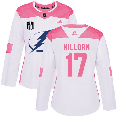 Adidas Tampa Bay Lightning #17 Alex Killorn White/Pink 2022 Stanley Cup Final Patch Authentic Fashion Women’s Stitched NHL Jersey Womens->tampa bay lightning->NHL Jersey