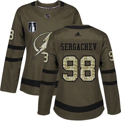 Adidas Tampa Bay Lightning #98 Mikhail Sergachev Green 2022 Stanley Cup Final Patch Women’s Salute to Service Stitched NHL Jersey Womens->women nhl jersey->Women Jersey