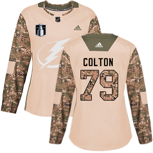 Adidas Tampa Bay Lightning #79 Ross Colton Camo Women’s Authentic 2022 Stanley Cup Final Patch Veterans Day Stitched NHL Jersey Womens->women nhl jersey->Women Jersey