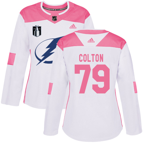 Adidas Tampa Bay Lightning #79 Ross Colton White/Pink 2022 Stanley Cup Final Patch Authentic Fashion Women’s Stitched NHL Jersey Womens->youth nhl jersey->Youth Jersey