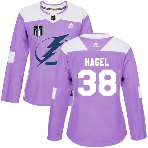 Adidas Tampa Bay Lightning #38 Brandon Hagel Purple Women’s Authentic 2022 Stanley Cup Final Patch Fights Cancer Stitched NHL Jersey Womens