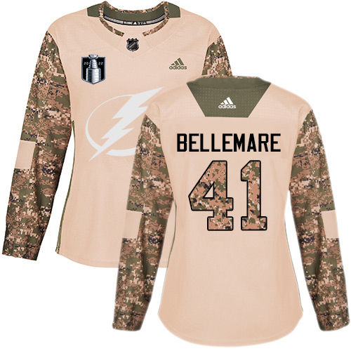 Adidas Tampa Bay Lightning #41 Pierre-Edouard Bellemare Camo Women’s Authentic 2022 Stanley Cup Final Patch Veterans Day Stitched NHL Jersey Womens->women nhl jersey->Women Jersey
