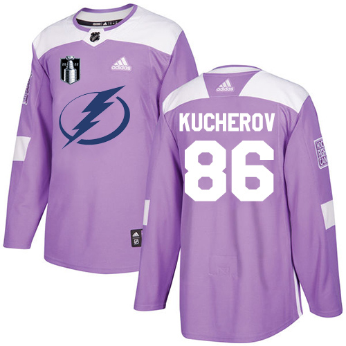 Adidas Tampa Bay Lightning #86 Nikita Kucherov Purple Authentic 2022 Stanley Cup Final Patch Youth Fights Cancer Stitched NHL Jersey Youth->tampa bay lightning->NHL Jersey