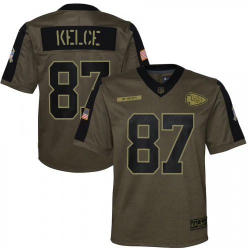 Kansas City Kansas City Chiefs #87 Travis Kelce Olive Nike Youth 2021 Salute To Service Game Jersey Youth->youth nfl jersey->Youth Jersey