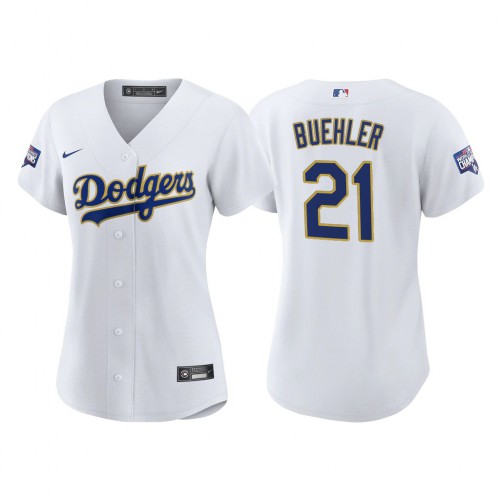 Los Angeles Los Angeles Dodgers #21 Walker Buehler Women’s Nike 2021 Gold Program World Series Champions MLB Jersey Whtie Womens->women mlb jersey->Women Jersey