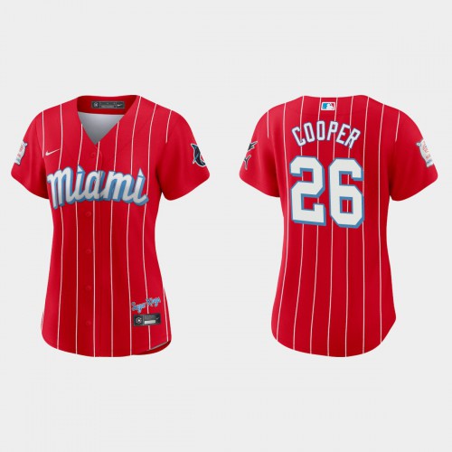 Miami Miami Marlins #26 Garrett Cooper Women’s Nike 2021 City Connect Authentic MLB Jersey Red Womens->youth mlb jersey->Youth Jersey