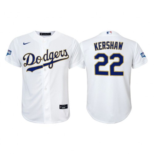 Los Angeles Los Angeles Dodgers #22 Clayton Kershaw Youth Nike 2021 Gold Program World Series Champions MLB Jersey Whtie Youth->youth mlb jersey->Youth Jersey