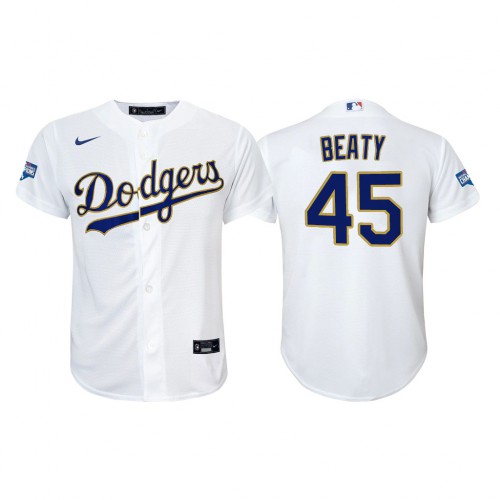 Los Angeles Los Angeles Dodgers #45 Matt Beaty Youth Nike 2021 Gold Program World Series Champions MLB Jersey Whtie Youth->youth mlb jersey->Youth Jersey