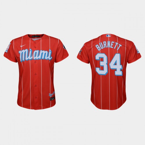 Miami Miami Marlins #34 A.J. Burnett Youth Nike 2021 City Connect Authentic MLB Jersey Red Youth->women mlb jersey->Women Jersey