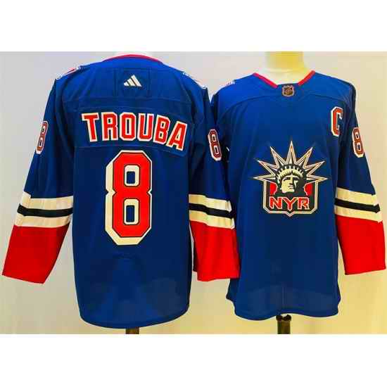 Men New York Rangers #8 Jacob Trouba Blue 2022 23 Reverse Retro Stitched Jersey->new york rangers->NHL Jersey