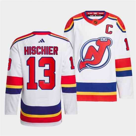 Men New Jersey Devils #13 Nico Hischier White 2022 23 Reverse Retro Stitched Jersey->new jersey devils->NHL Jersey