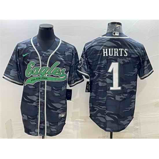 Men Philadelphia Eagles #1 Jalen Hurts Grey Camo With Patch Cool Base Stitched Baseball Jersey->philadelphia eagles->NFL Jersey