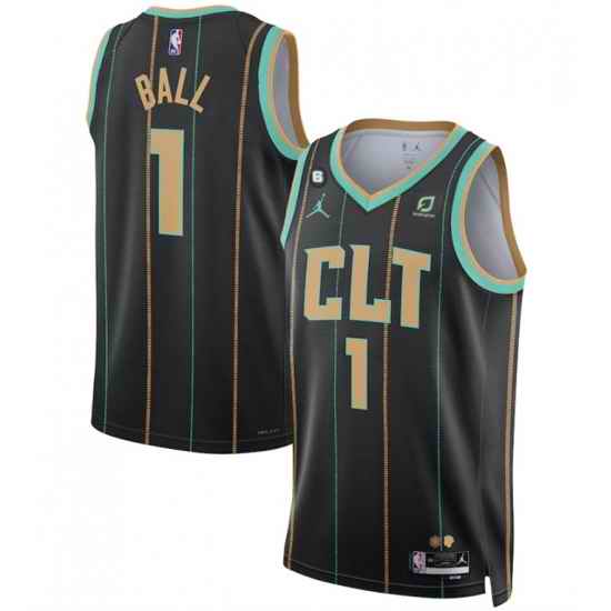 Men Charlotte Hornets #1 LaMelo Ball Black 2022 23 City Edition No 6 Patch Stitched Basketball Jersey->charlotte hornets->NBA Jersey