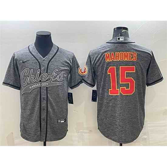 Men Kansas City Chiefs #15 Patrick Mahomes Grey With Patch Cool Base Stitched Baseball Jersey