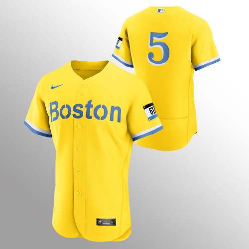 Boston Boston Red Sox #5 Enrique Hernandez Men’s Nike 2021 City Connect Gold Authentic MLB Jersey – No Name Men’s->boston red sox->MLB Jersey