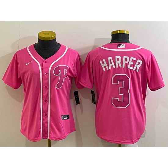 Women Philadelphia Phillies #3 Bryce Harper Pink Stitched Baseball Jersey->women mlb jersey->Women Jersey