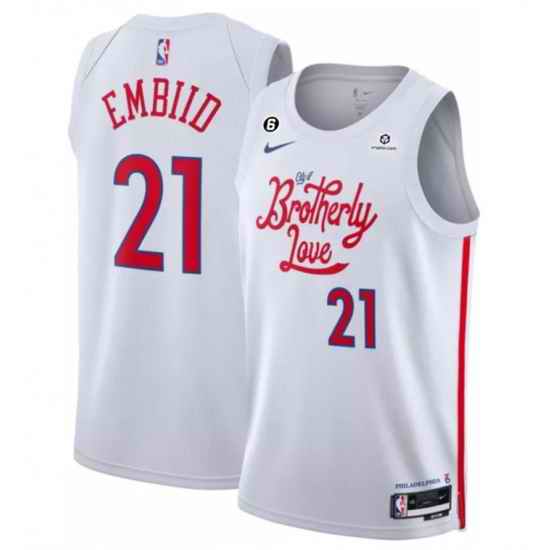 Men Philadelphia 76ers 21 Joel Embiid White 2022 23 City Edition With NO #6 Patch Stitched Basketball Jersey->philadelphia 76ers->NBA Jersey