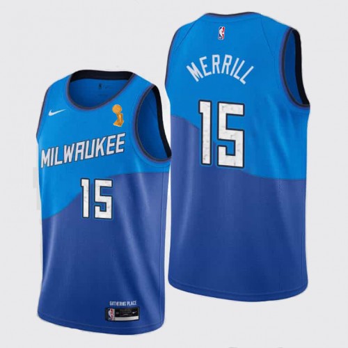 Nike Milwaukee Bucks #15 Sam Merrill Women’s 2021 NBA Finals Champions City Edition Jersey Blue Womens->women nba jersey->Women Jersey