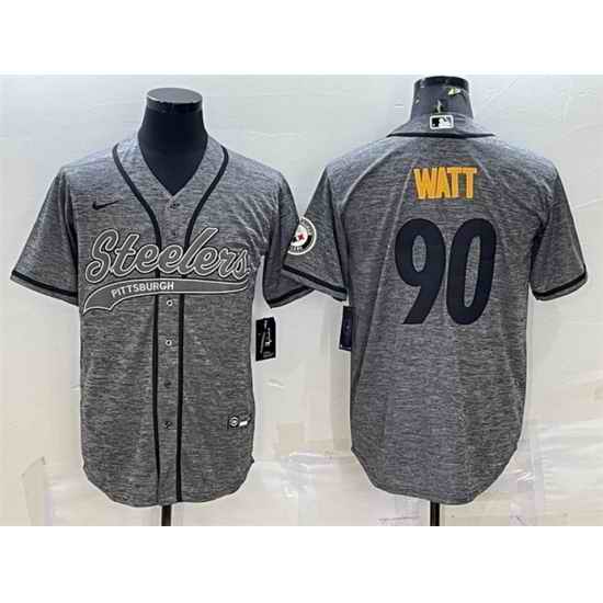Men Pittsburgh Steelers #90 T J  Watt Grey With Patch Cool Base Stitched Baseball Jersey->pittsburgh steelers->NFL Jersey